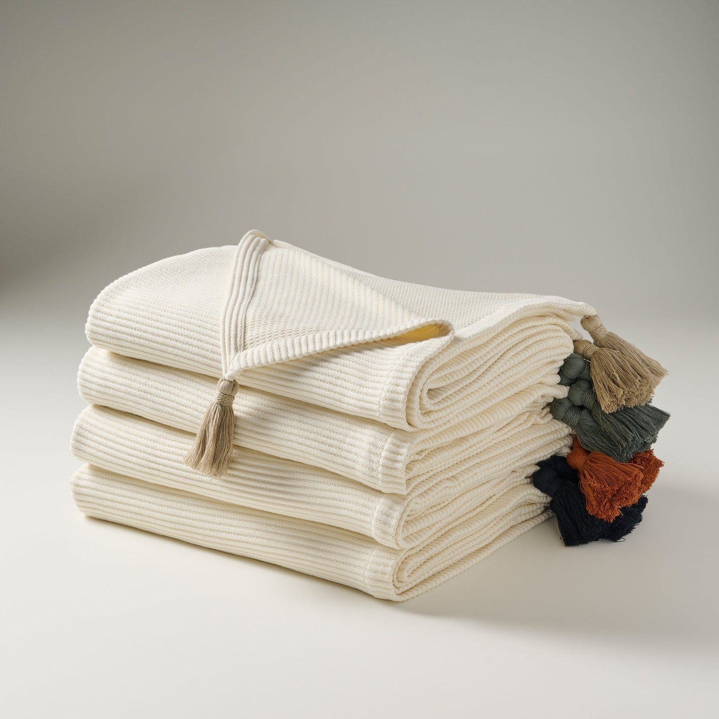 Throw Blanket | Cotton Bamboo Rib Tassels | Cream