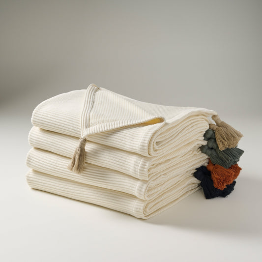 Throw Blanket | Cotton Bamboo Rib Tassels | Cream