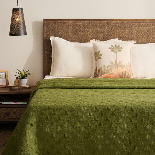 Bed Cover | Cotton Waffle Pendant Motif | King & Queen Sizes with Cushion Cover