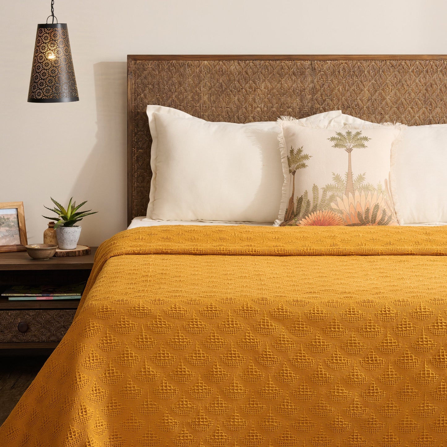 Bed Cover | Cotton Waffle Pendant Motif | King & Queen Sizes with Cushion Cover