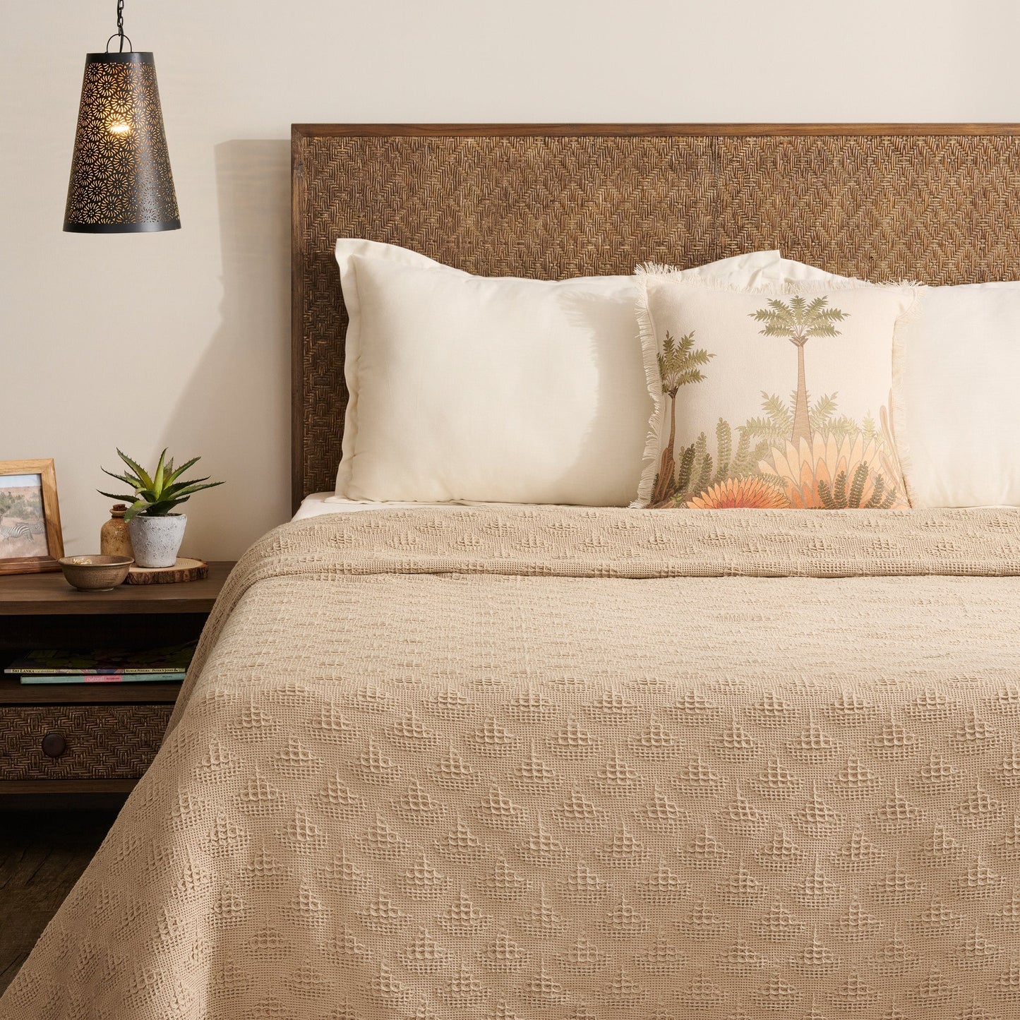 Bed Cover | Cotton Waffle Pendant Motif | King & Queen Sizes with Cushion Cover