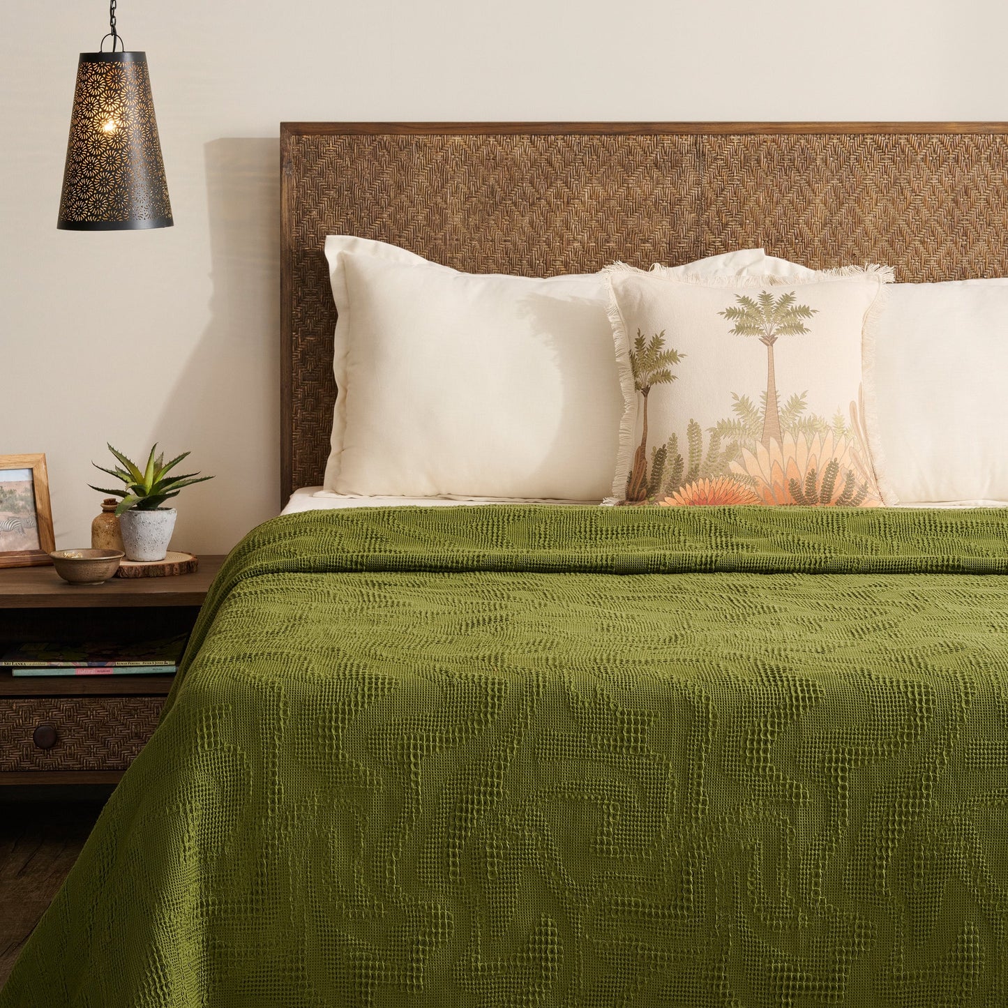 Bed Cover | Cotton Waffle Damask Motif | King & Queen Size with Cushion Cover