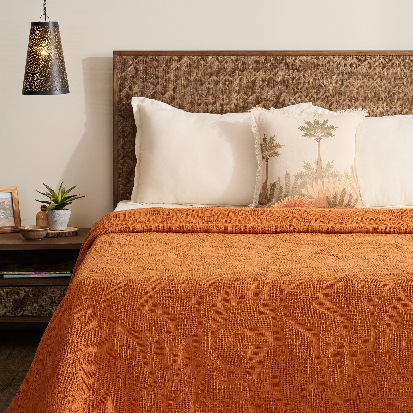 Bed Cover | Cotton Waffle Damask Motif | King & Queen Size with Cushion Cover
