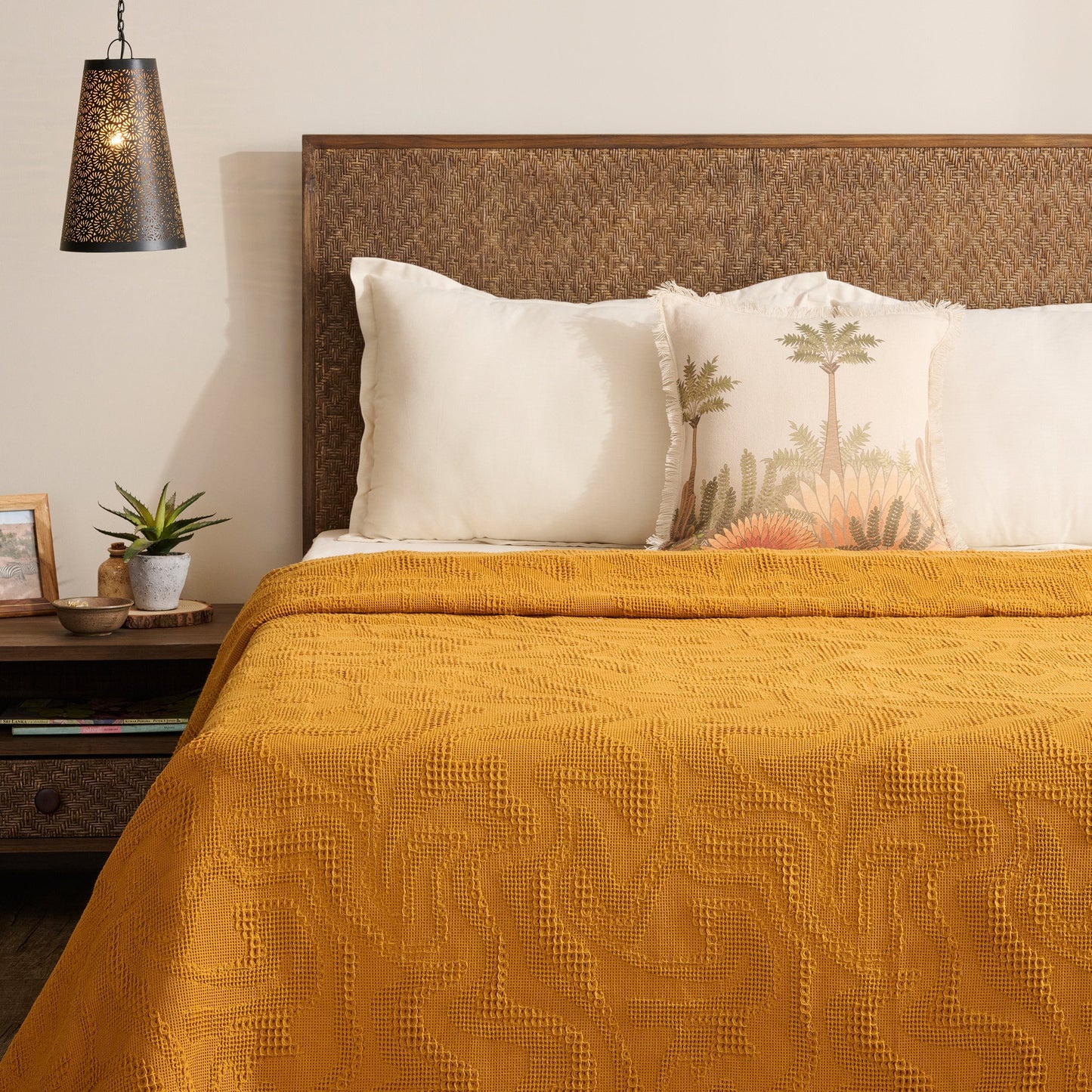 Bed Cover | Cotton Waffle Damask Motif | King & Queen Size with Cushion Cover