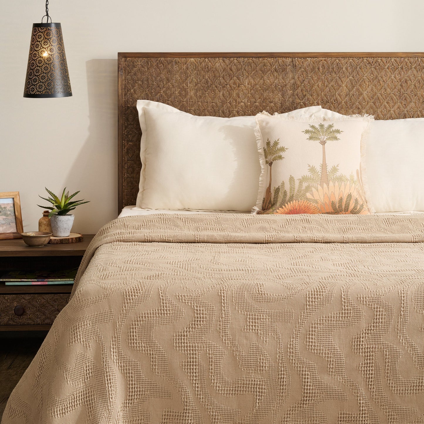 Bed Cover | Cotton Waffle Damask Motif | King & Queen Size with Cushion Cover