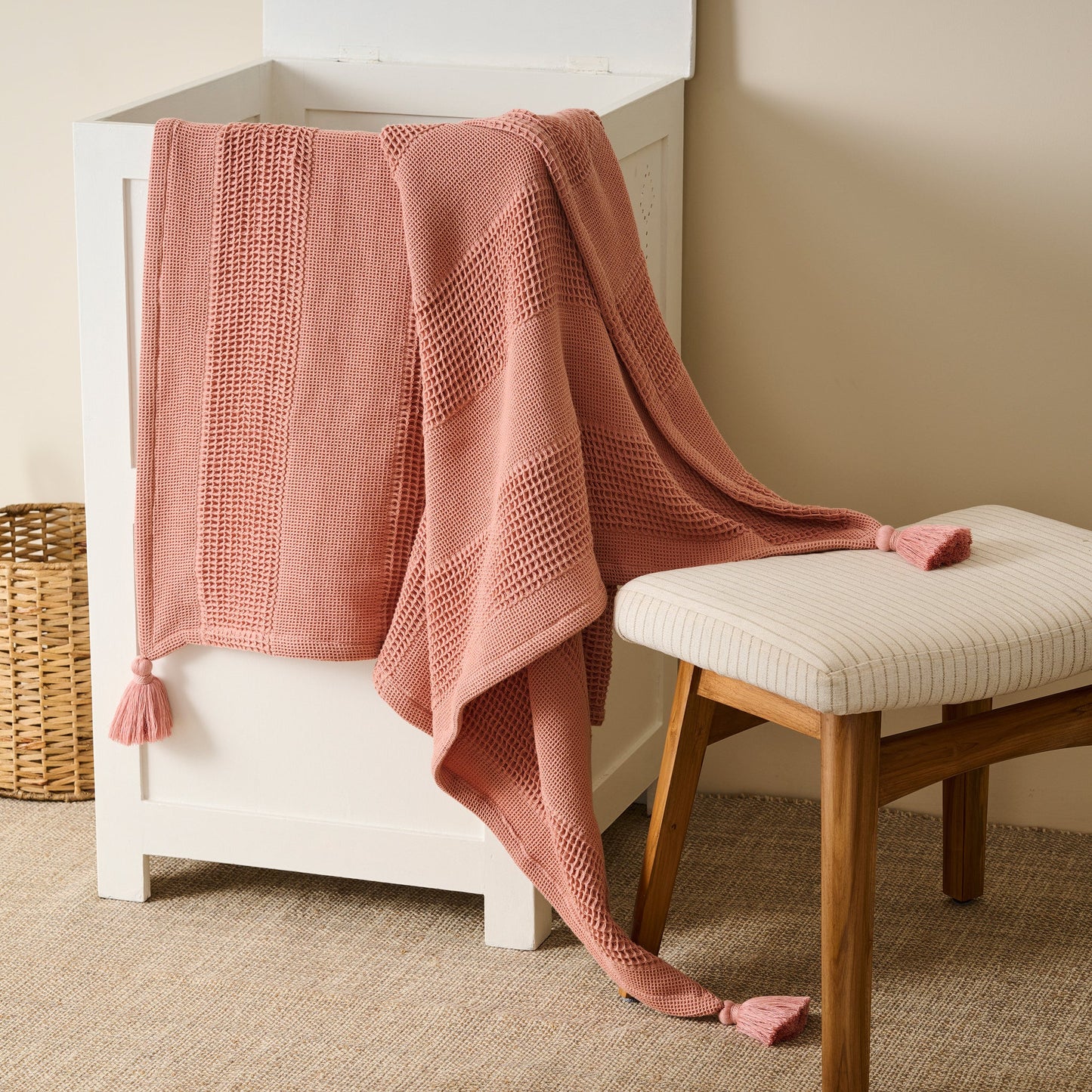 Throw Blanket | Cotton Waffle Thick Tassels
