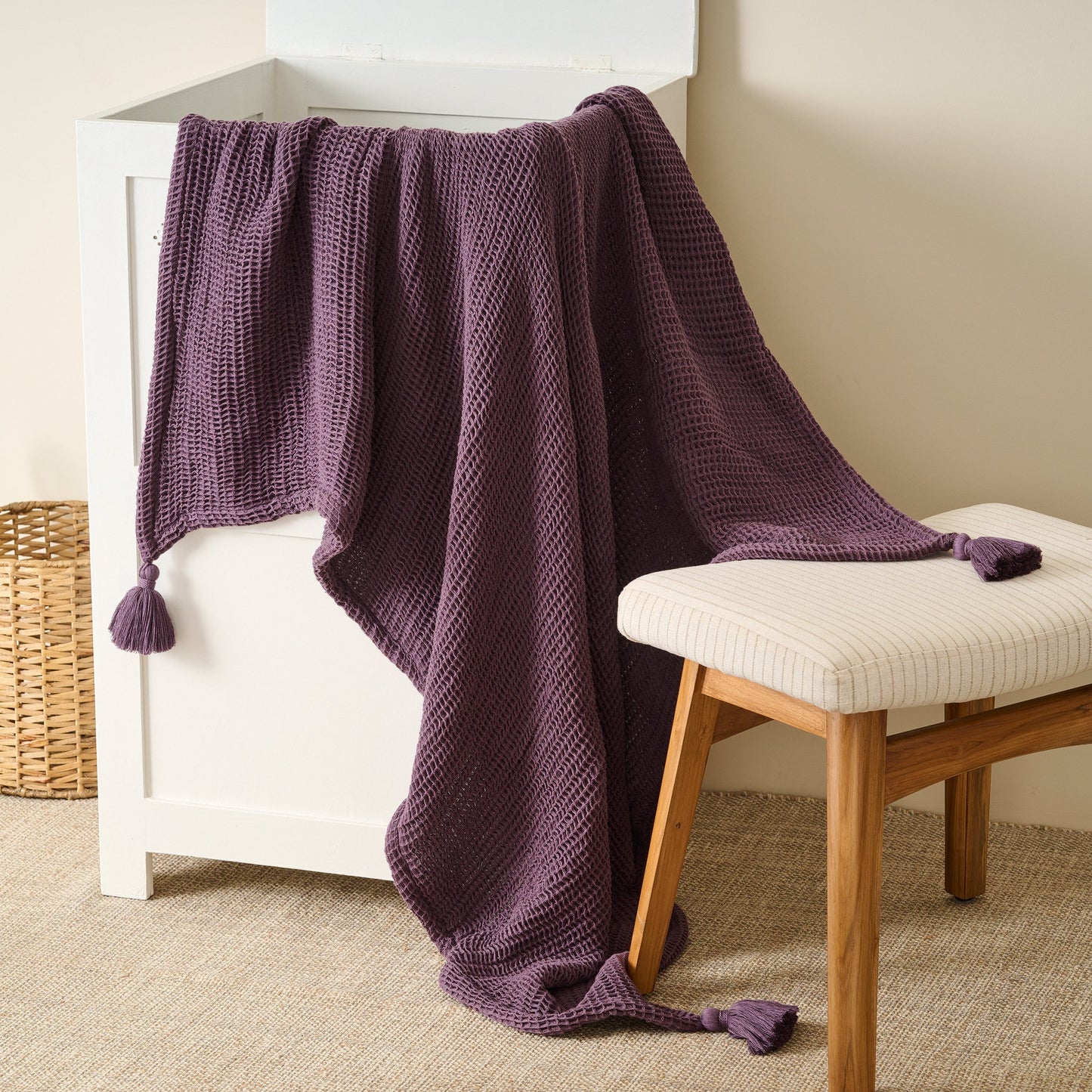 Throw Blanket | Cotton Waffle Thick Tassels | Sea Sponge