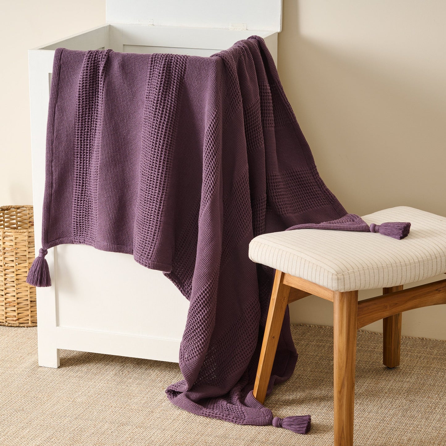 Throw Blanket | Cotton Waffle Thick Tassels