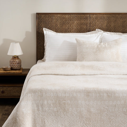 Bed Cover | Jacquard Jali Stepwell | Birch Tone, King & Queen Sizes with Cushion