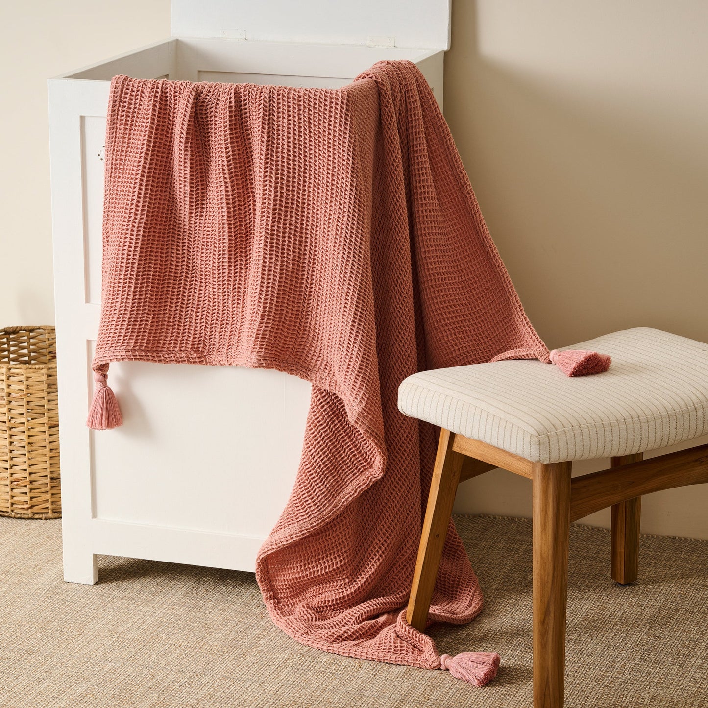 Throw Blanket | Cotton Waffle Thick Tassels | Sea Sponge
