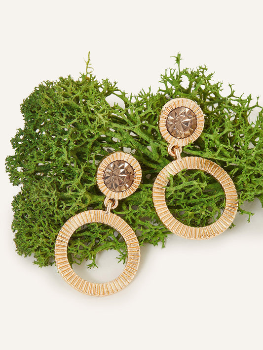 Gold-Toned Ridged Circle Drop Earrings – Fashion Jewellery – Crystal Embellished – 4cm
