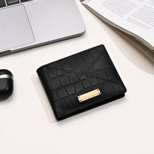 Black Croc Napa Leather Wallet with Coin Pocket for Men Slim