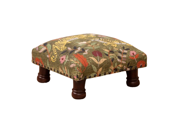 Botanical Tiger Cotton Footstool with Wooden Legs – Green