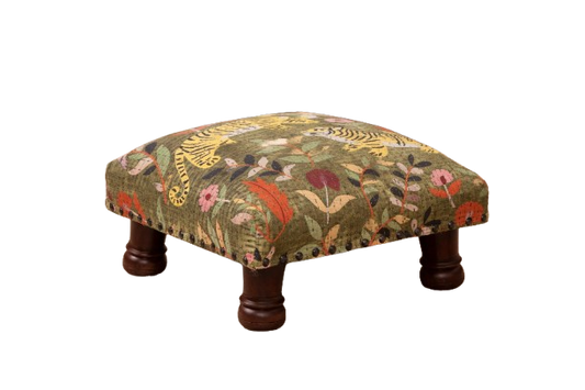 Botanical Tiger Cotton Footstool with Wooden Legs – Green