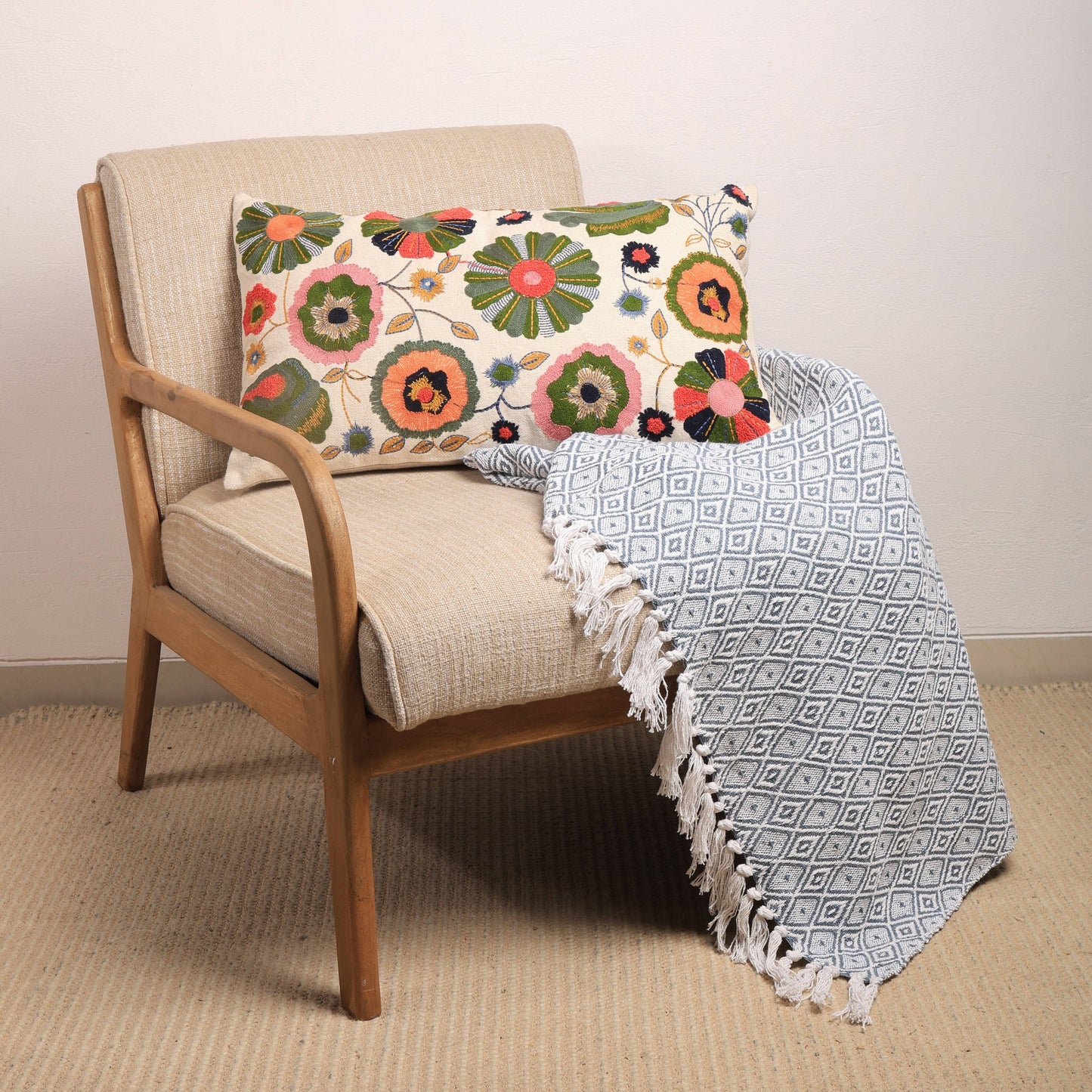 Floral Embroidered Cotton Cushion with Filler 35 × 60 cm