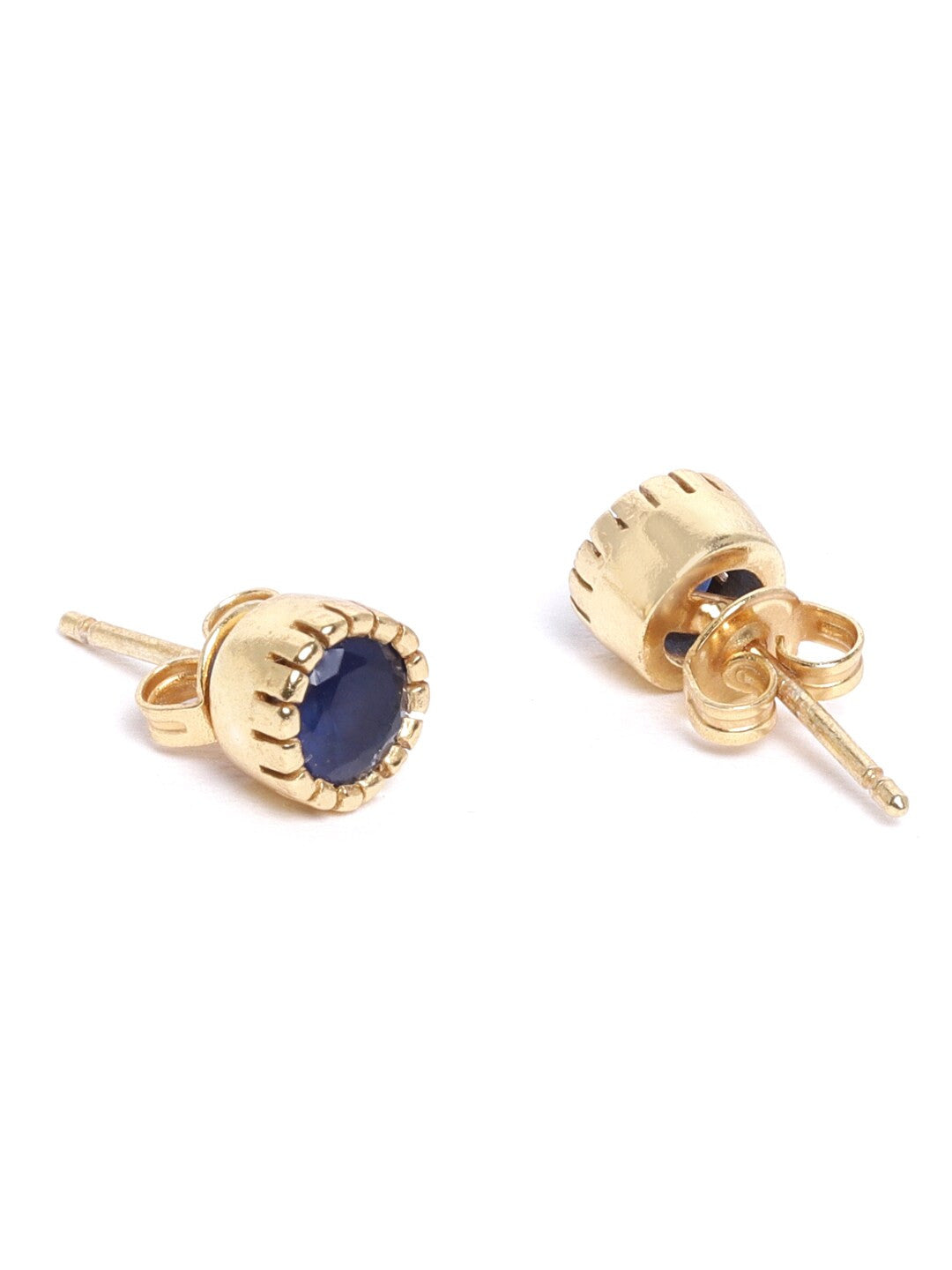 Navy Blue Circular Stud Earrings – Gold-Plated Brass – Artificial Stone Embellished