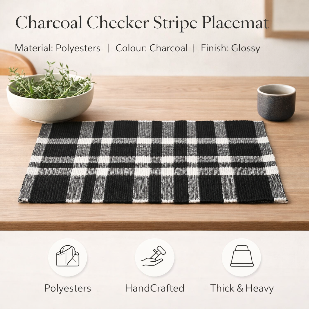 Charcoal Checker Stripe Dining Placemat – Durable Polyester