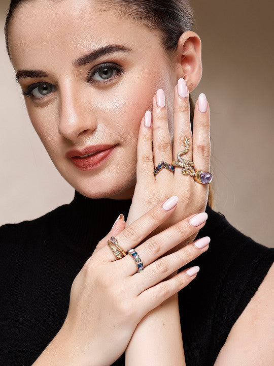 Multi-Design Ring Set – Gold-Tone & CZ Embellished – 5-Piece Assortment