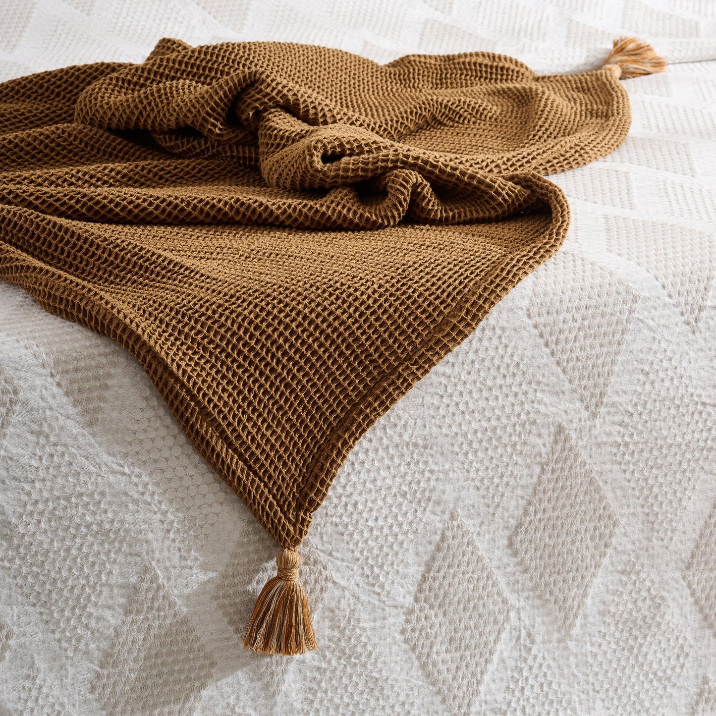 Throw Blanket | Cotton Waffle Thick Tassels | Sea Sponge