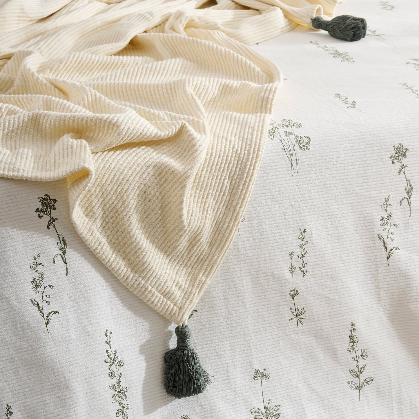 Throw Blanket | Cotton Bamboo Rib Tassels | Cream