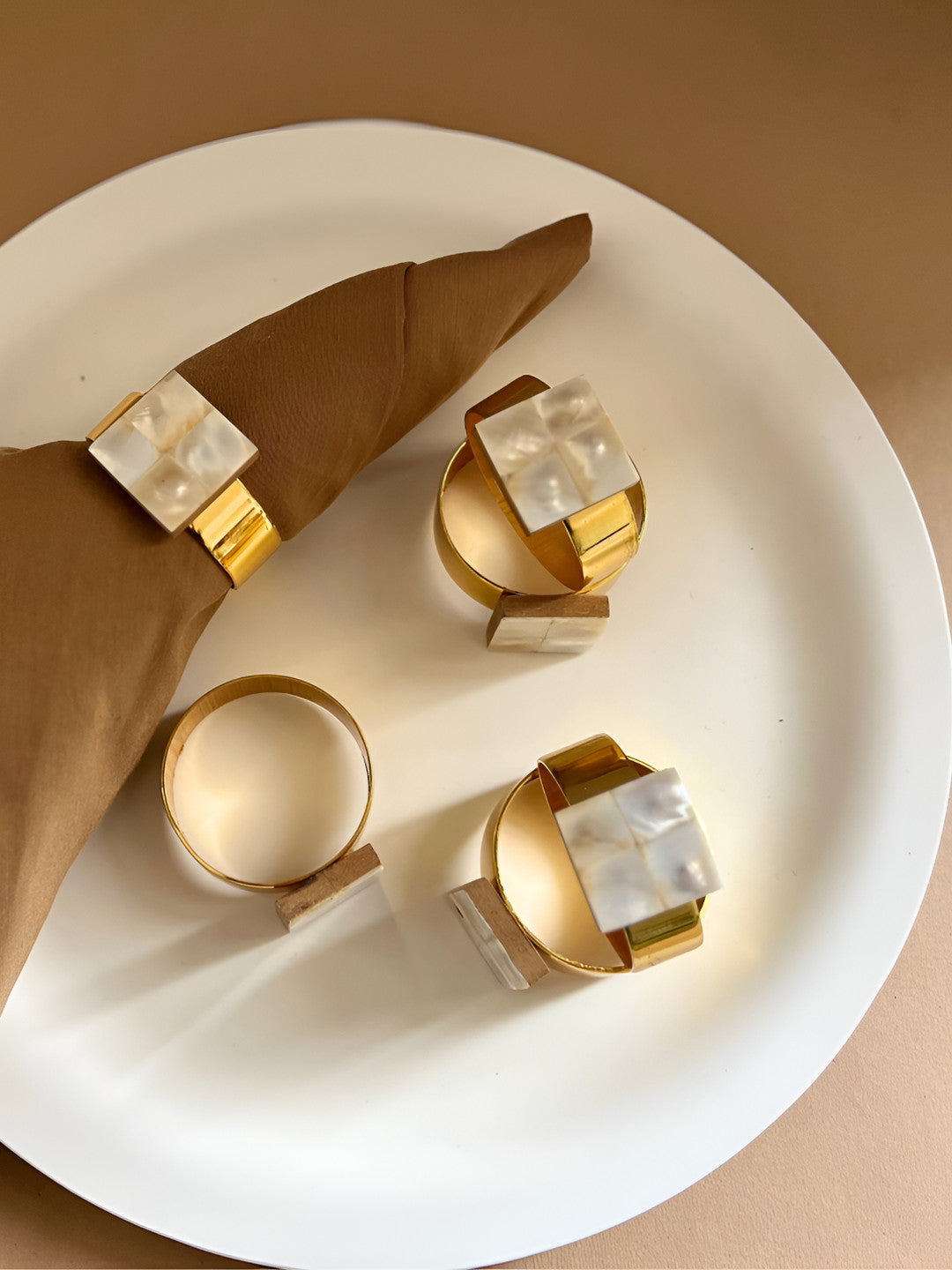 Blue & Gold Toned Square Mother of Pearl Napkin Rings – Table Accessories – Metal & MOP – 6 Pc Set
