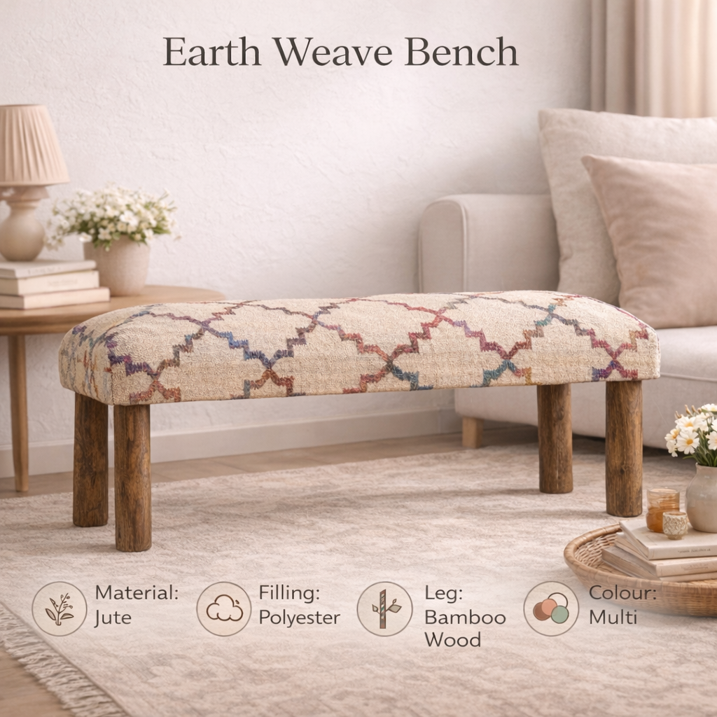 Embroidered Jute Bench with Bamboo Legs – 114 cm