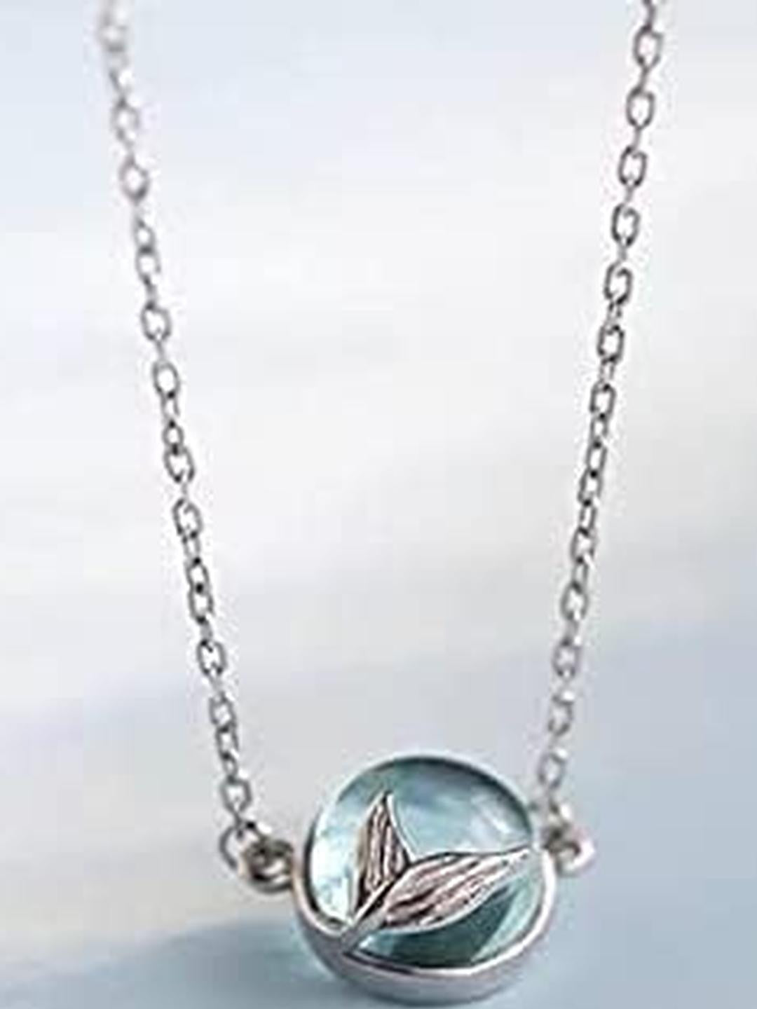 Silver-toned Necklace – Fashion Jewellery – Blue Resin Leaf Pendant