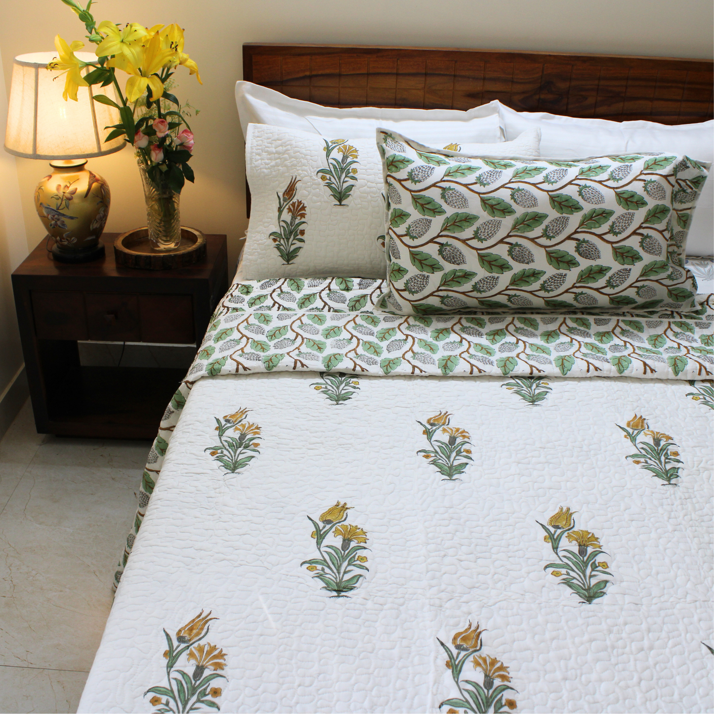 Bedsheet | Handblock Cotton Quilted | 3 Pc Set