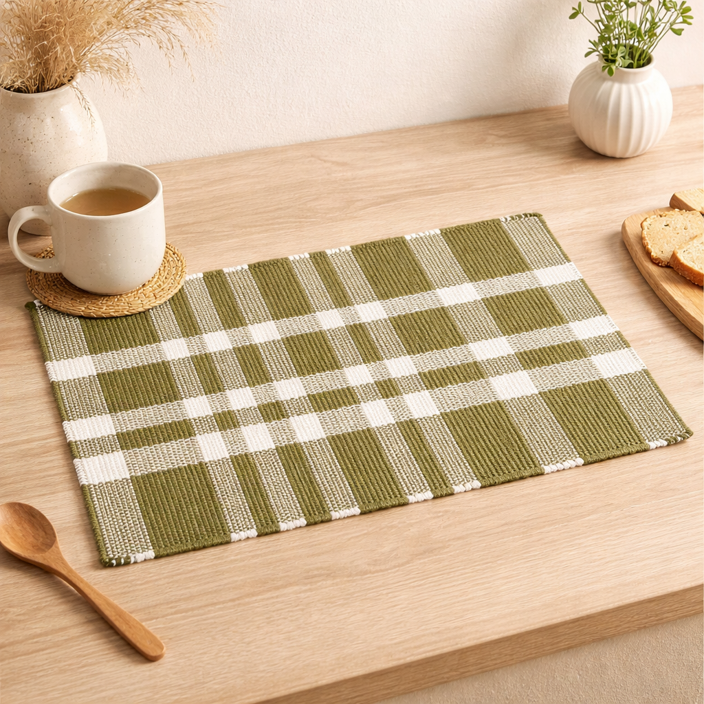 Green Check Stripe Placemat – Durable Polyester Table Mat