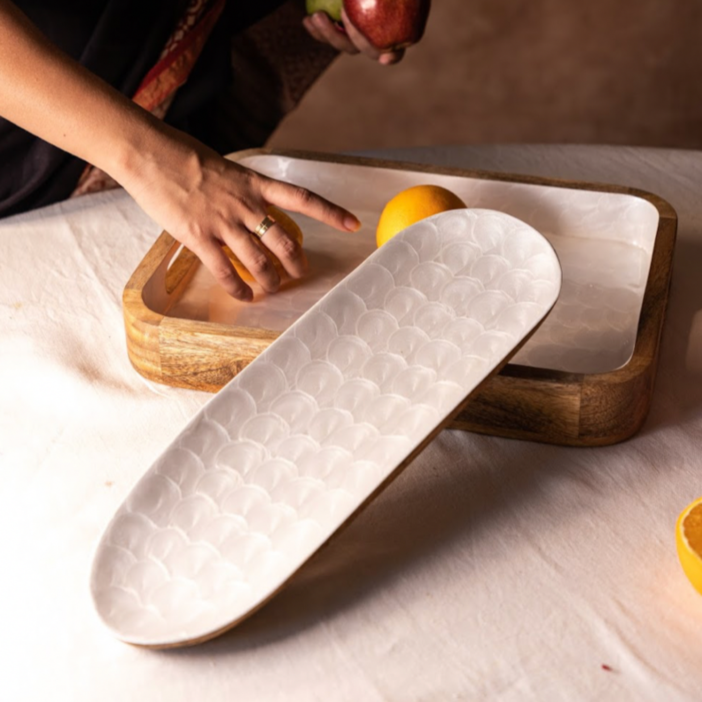 Mango Wood Serving Tray - Enameled Ellipse Shape, 38x12cm