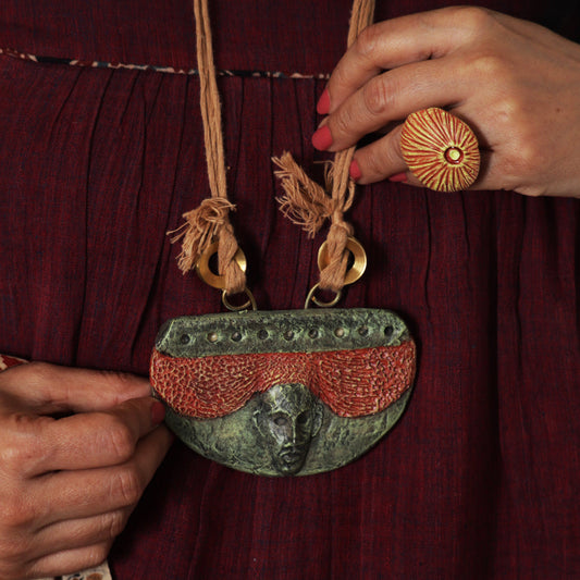 Tribal Face – Handcrafted Papier-Mâché Pendant with Native Elements