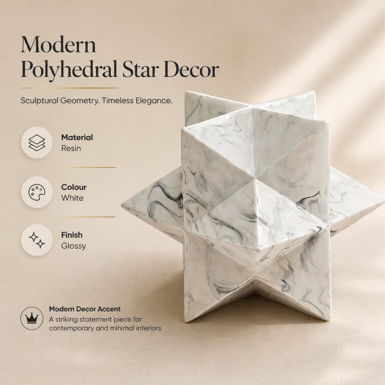 Modern Polyhedral Star Décor in White Glossy Polyresin