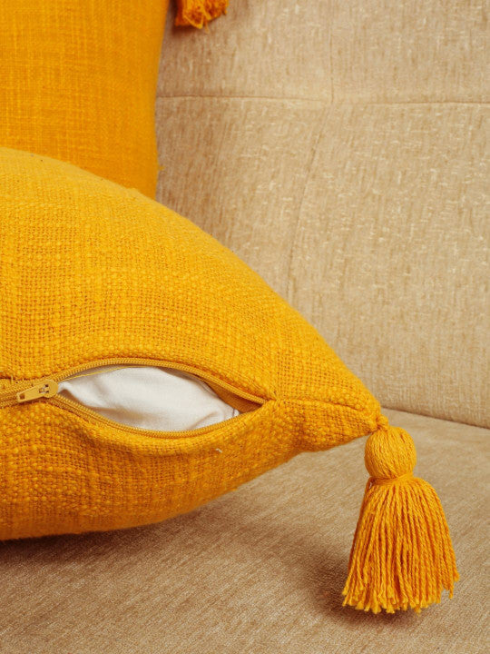 Set of 2 - Ochre Yellow Tasselled Pillow Covers – Square Accent Shams – Premium Cotton