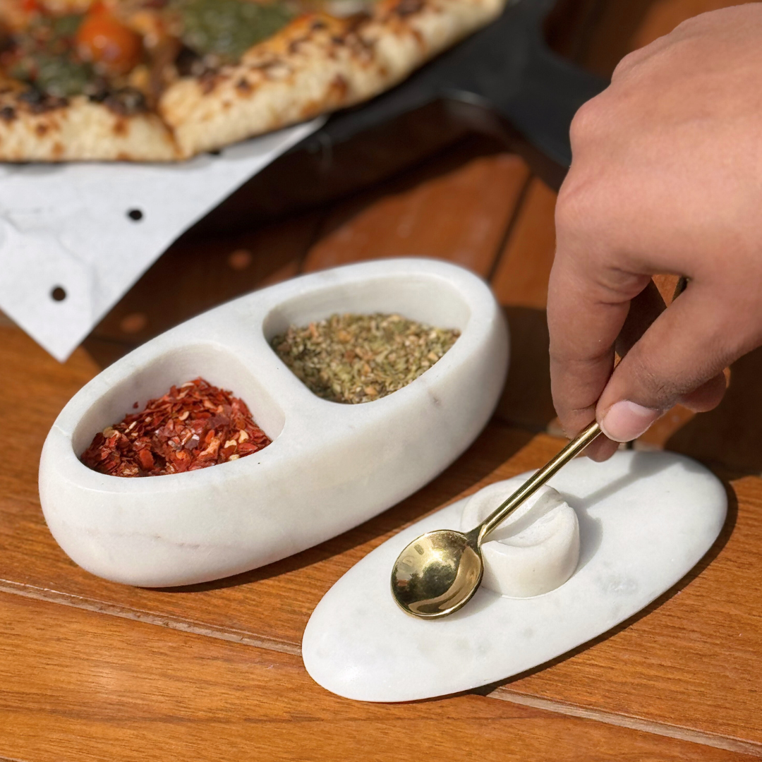 Handcrafted Marble Twin Serving Platter - With Gold Spoon & Lid