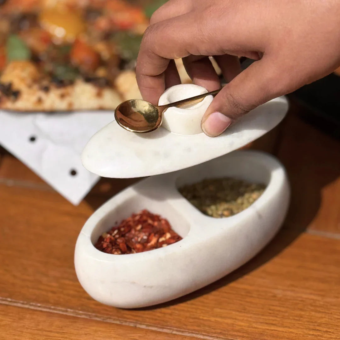 Handcrafted Marble Twin Serving Platter - With Gold Spoon & Lid