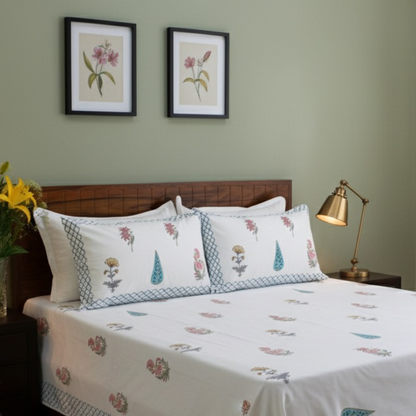 Bedsheet | Cotton Handblock Printed Vibrant Garden | Set of 3