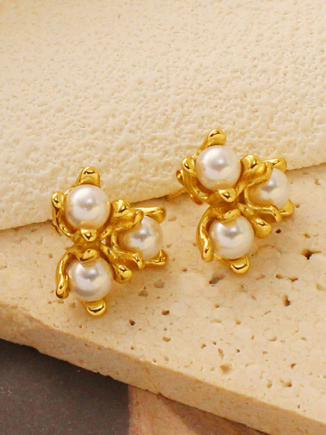 Gold Plated Floral Studs – Pearl Embellished Stud Earrings – 1.1cm Pair