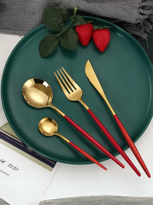 4 pcs Red & Gold Toned Cutlery Set – Stainless Steel Flatware – Two-Tone Finish