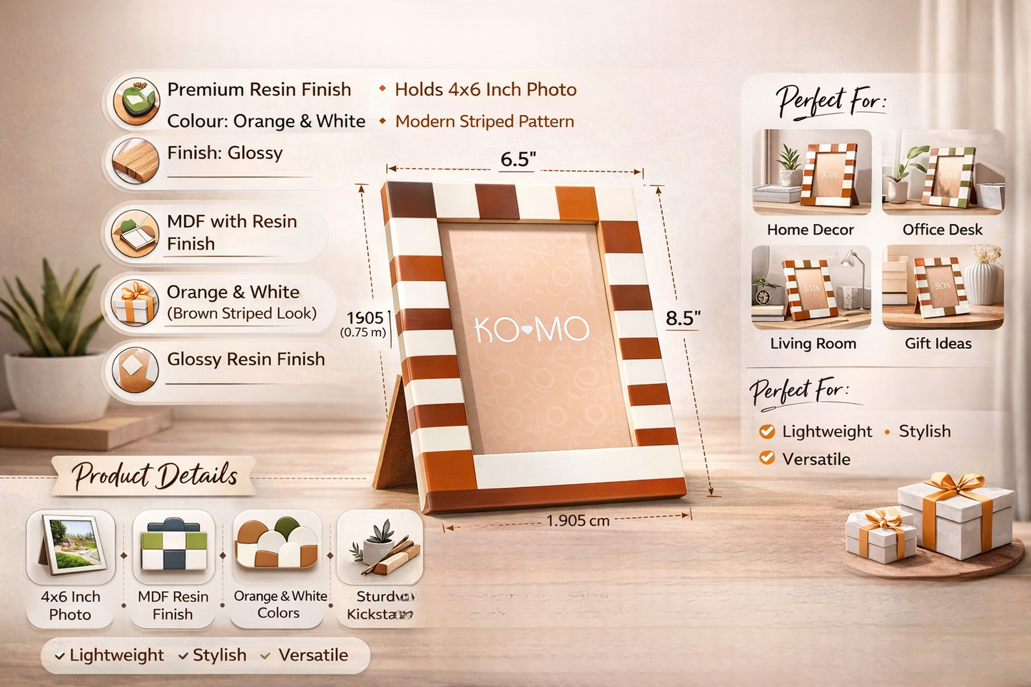 Brown Striped Resin Photo Frame 4x6 Inch Modern MDF Décor