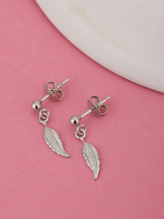 Rhodium-Plated Leaf Drop Earrings – 925 Sterling Silver – 2cm Length