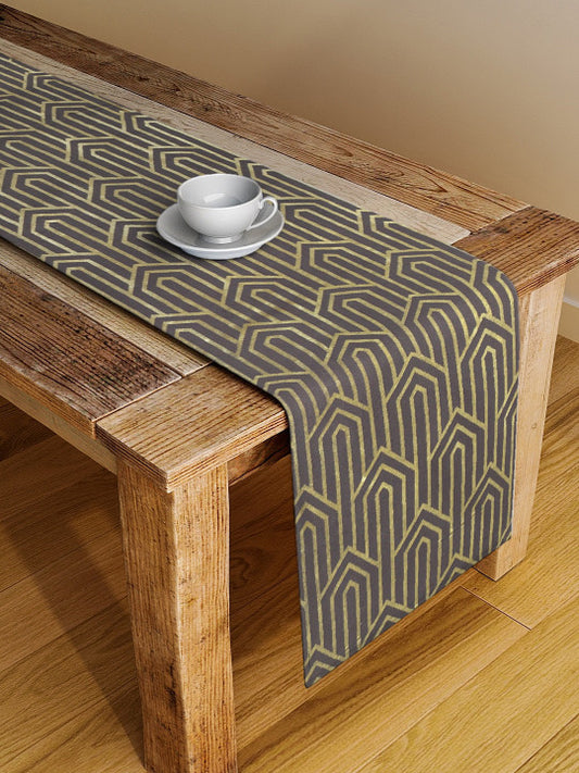 Geometric Metallic Dining Runner – Premium Cotton – Grey & Gold Hues – Single Unit