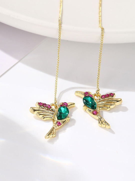 Hummingbird Motif Dangle Earrings – Gold-Tone Finish, Beaded – Retail Pack