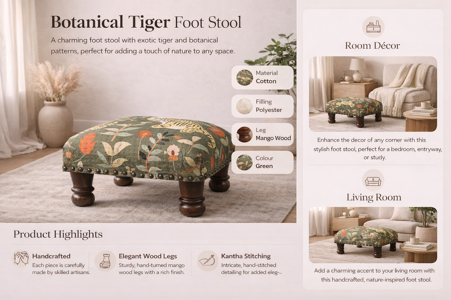 Botanical Tiger Cotton Footstool with Wooden Legs – Green