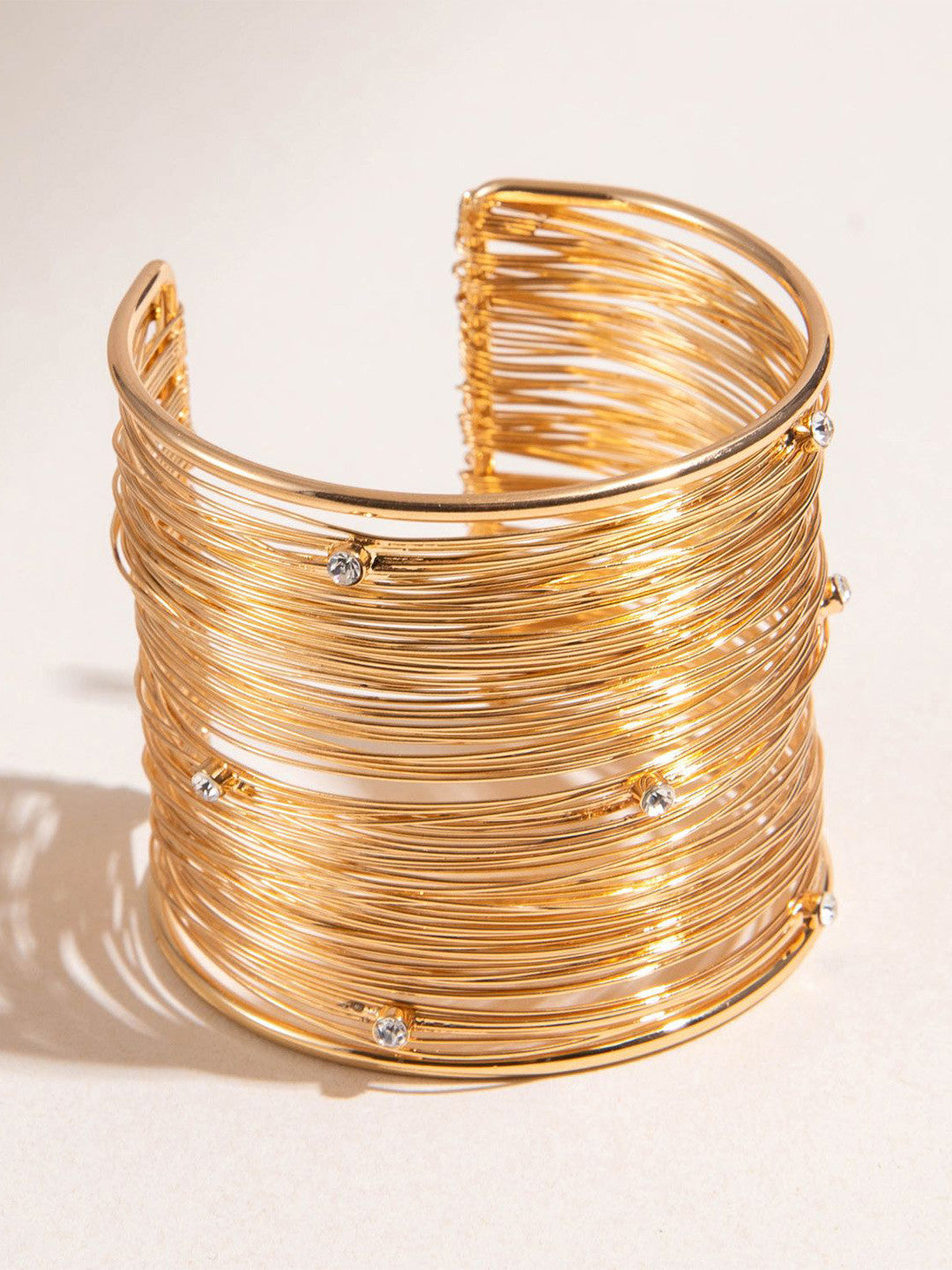 Gold-Plated Crystals Studded Cuff Bracelet – Fashion Accessory – Gold-Toned Metal – 6 CM Diameter