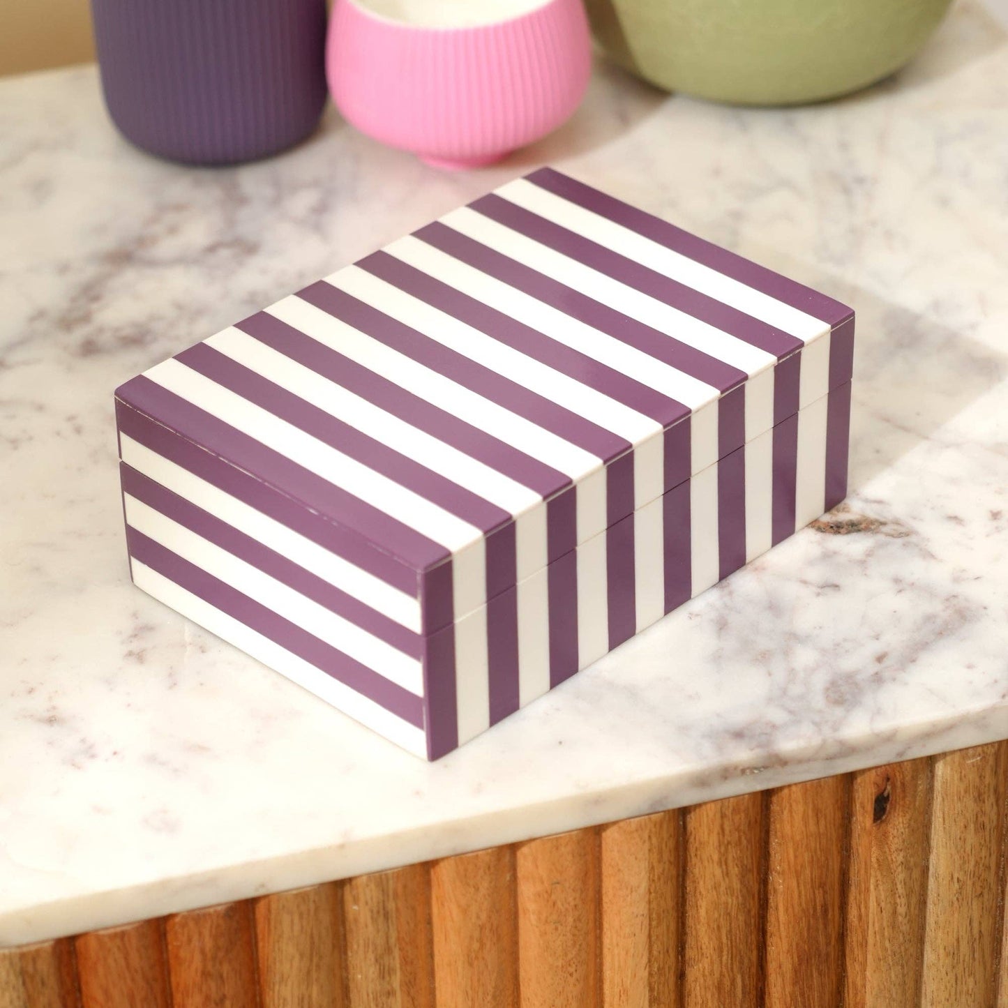 Purple Striped Resin Storage Box Glossy MDF Decorative Case