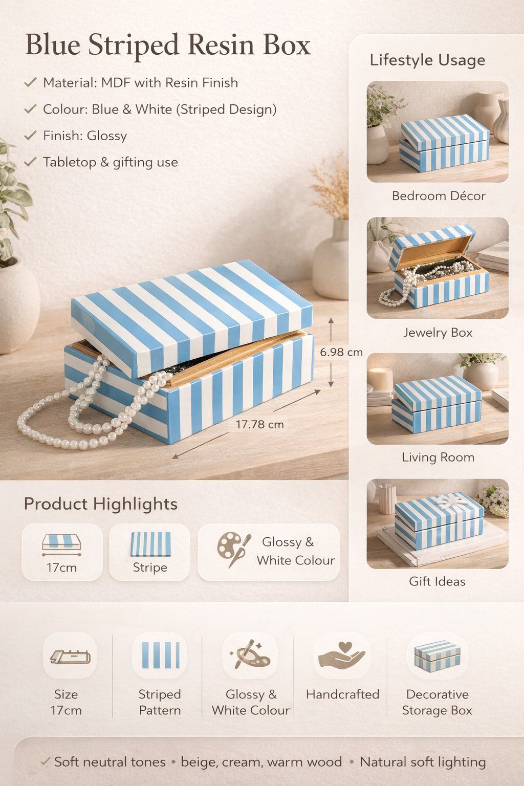 Blue Striped Resin Box Glossy MDF Storage Decor 17cm