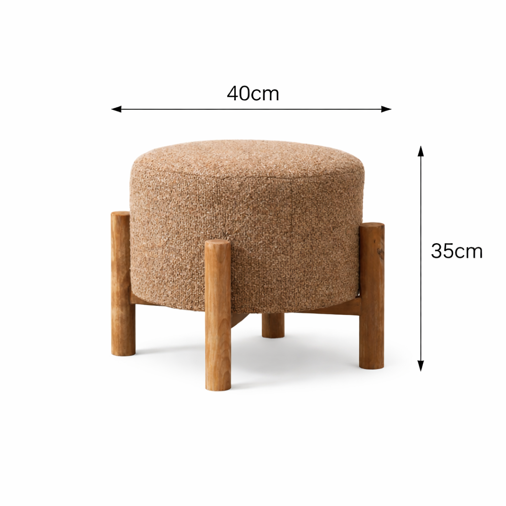 Beige Boucle Ottoman Stool with Wood Legs – 40 cm