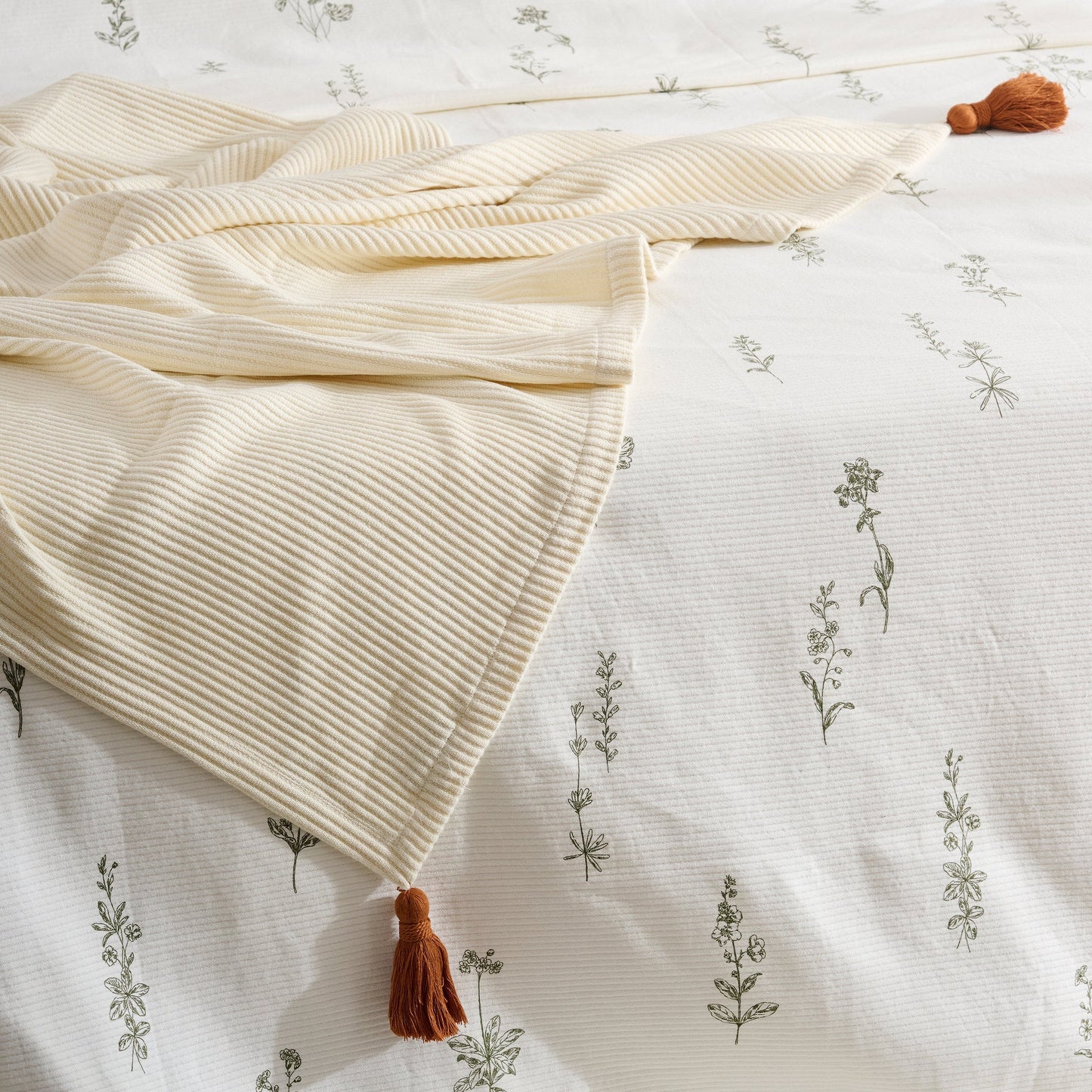 Throw Blanket | Cotton Bamboo Rib Tassels | Cream