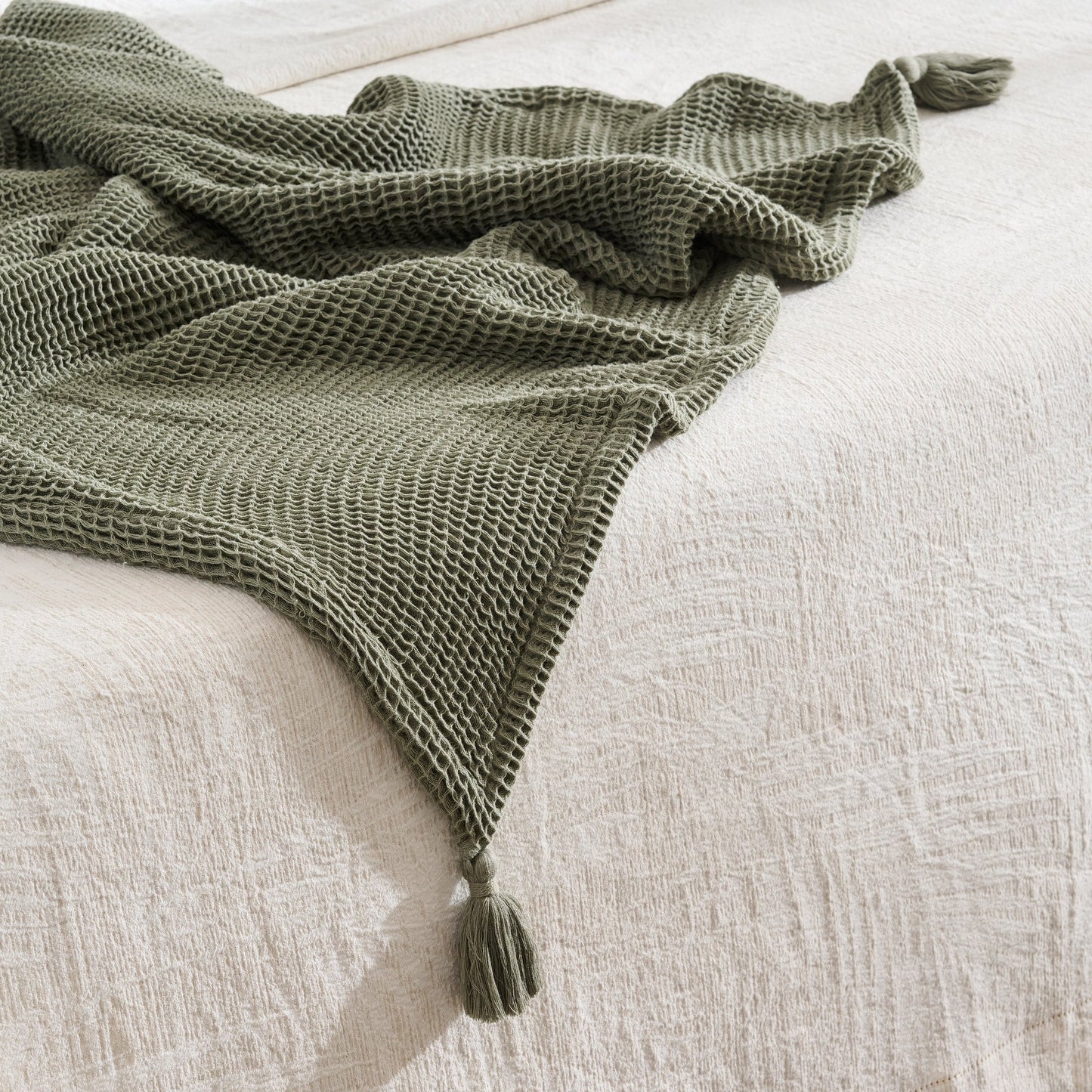 Throw Blanket | Cotton Waffle Thick Tassels | Sea Sponge