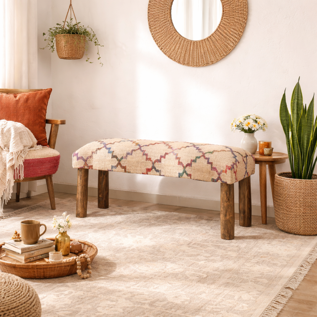 Embroidered Jute Bench with Bamboo Legs – 114 cm